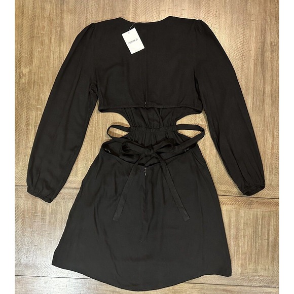 NWT Forever 21 Dress Womens Black Deep V-Neck Long Sleeve Cutout Tie Back Size L - Picture 15 of 16